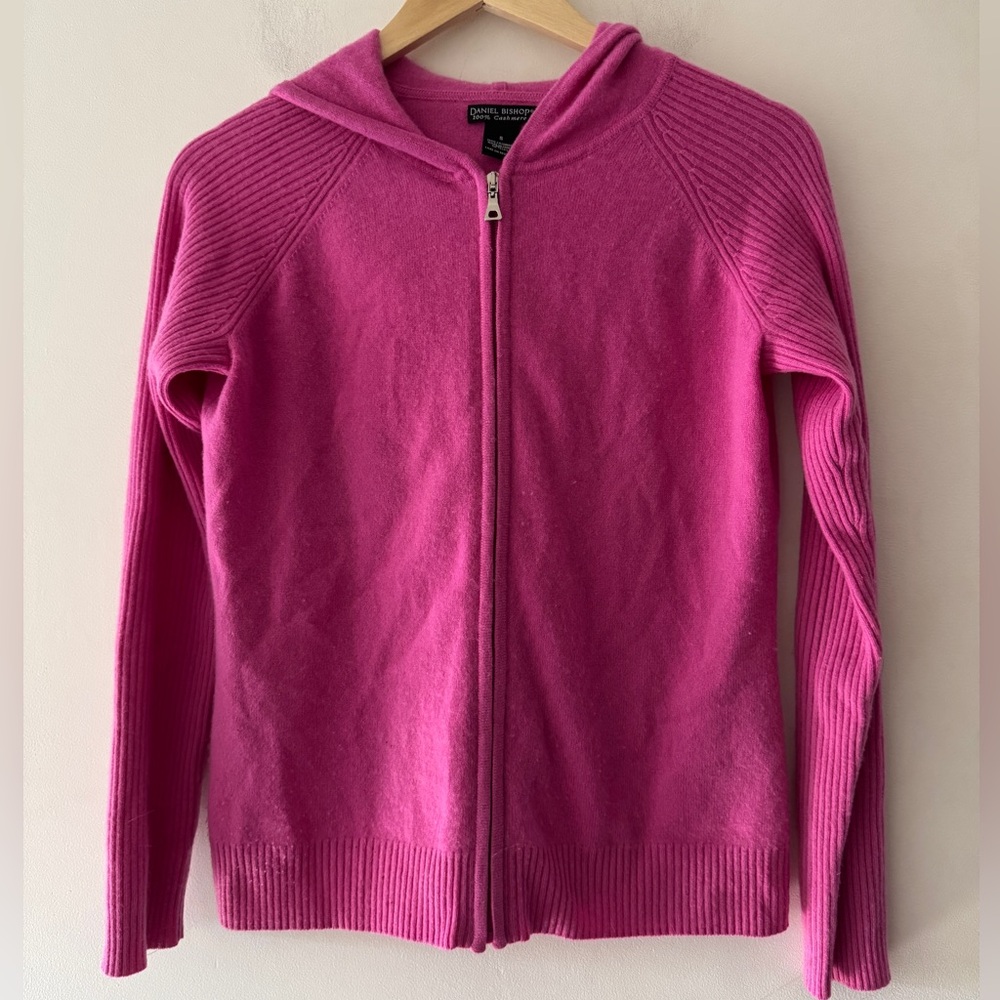 Daniel Bishop Pink Hooded 100% Cashmere Sweater‎ Zip Up Ribbed Detail